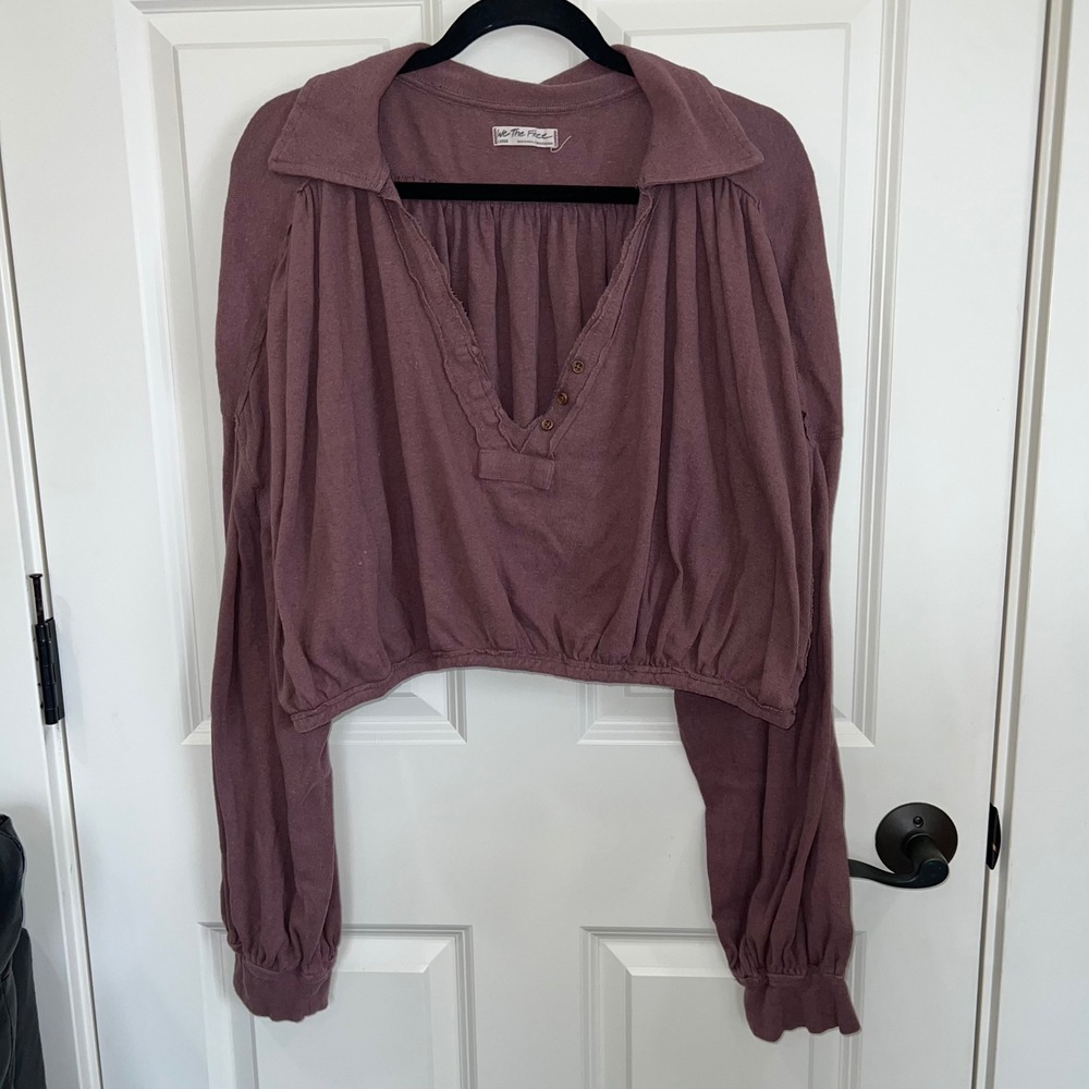 Free People Darren Billowy Oversized Cropped Collared Linen Blend Henley Large